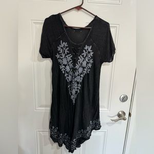 Boho Stonewash Black Tunic Dress/Coverup with Embroidery